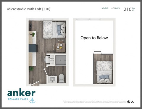 Floor plan for studio, 1 bath, 210 sqft